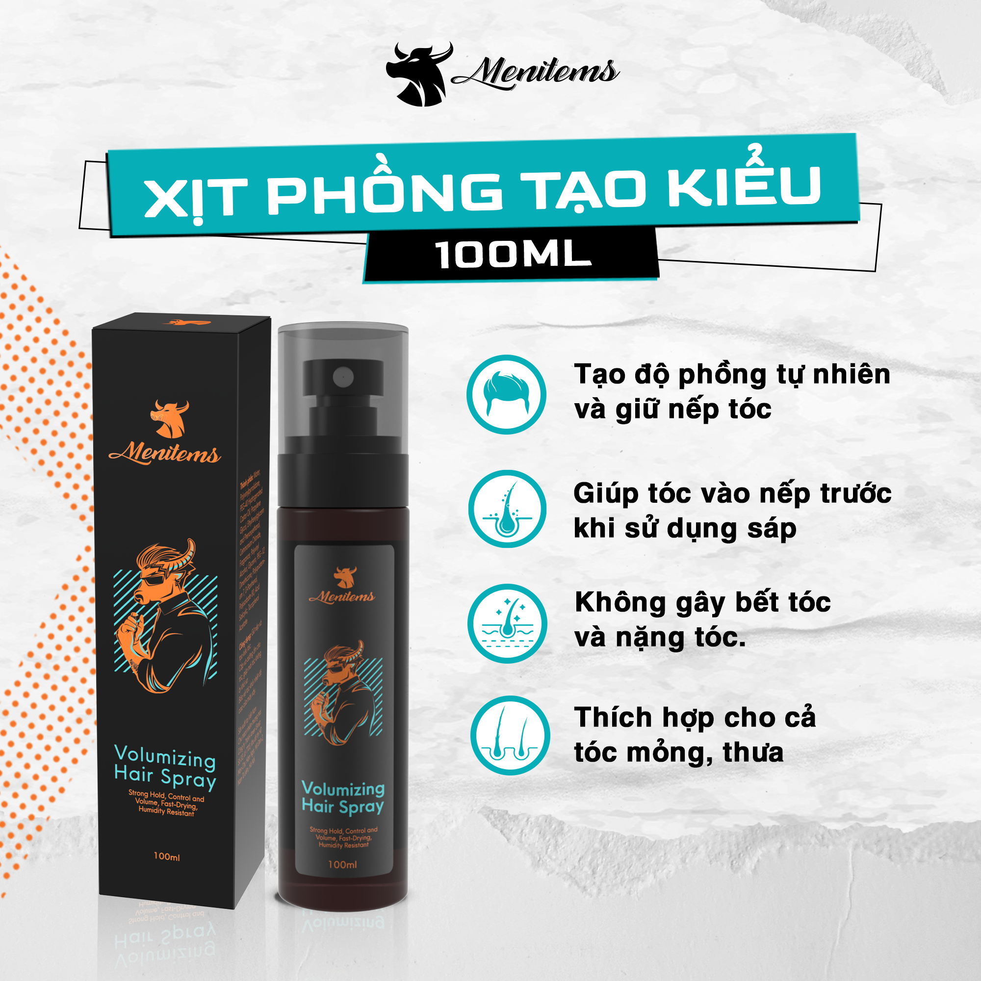Xịt Phồng Tạo Kiểu Menitems, Tạo độ phồng tự nhiên, giữ nếp, Không gây bết tóc 100ML