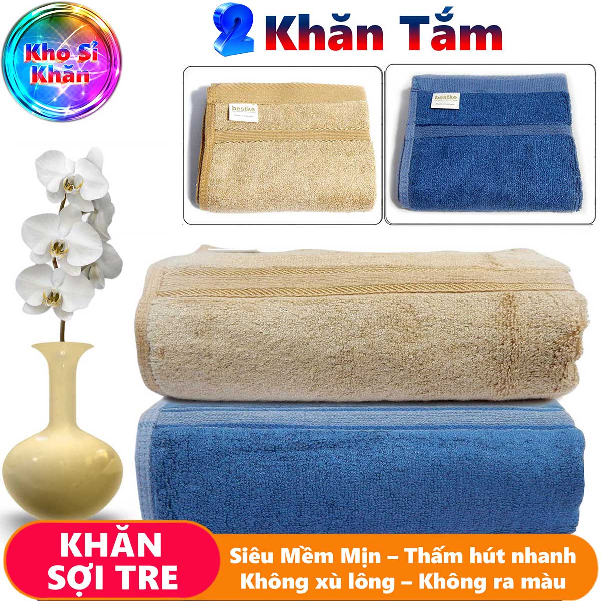 COMBO 2 khăn tắm sợi tre , bamboo towel bestke , màu xanh và nâu size 120x60cm
