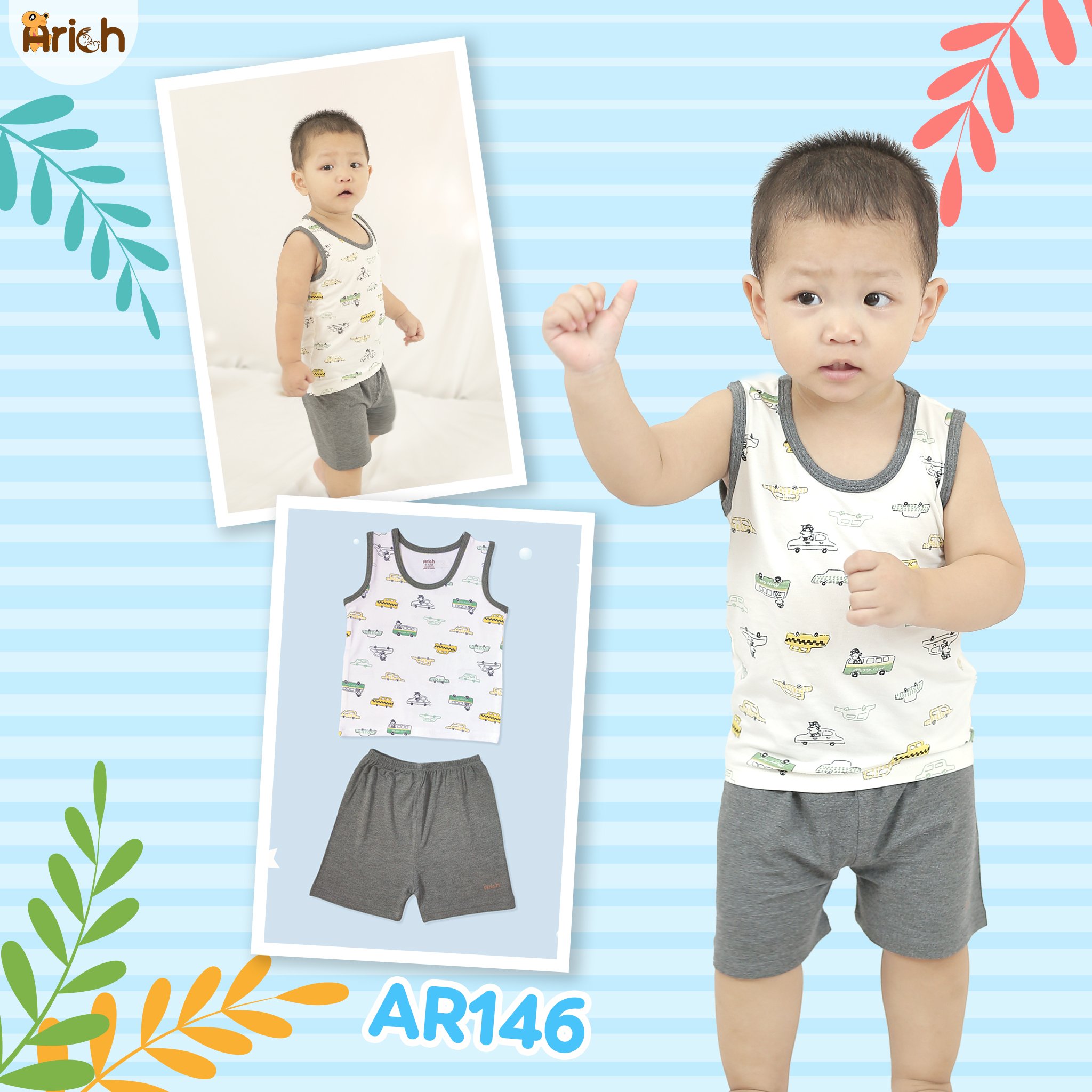 [HCM]Bộ ba lỗ SỢI TRE CAO CẤP Arich cho bé 6 tháng đến 5 tuổi