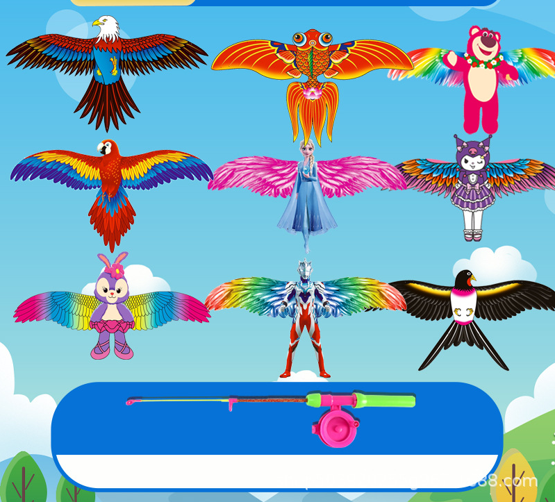 Diều đồ chơi mini kích thước 30cm-50cm  có cần câu điều khiển bằng nhựa hình chim đại bàng,công chúa cho bé