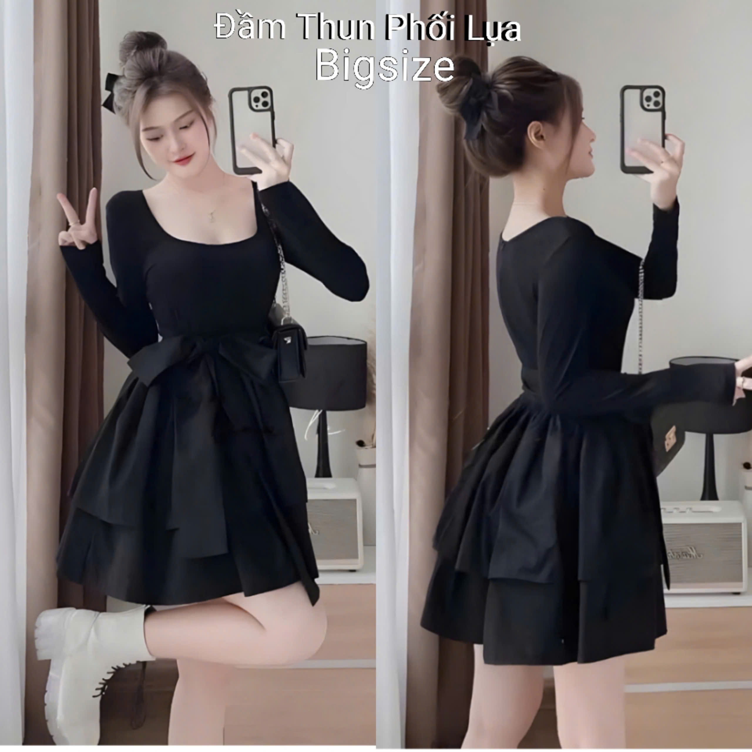 Đầm Váy Xòe Công Chúa Baby Doll Tiểu Thư Cổ Vuông Đen Tay Dài Bigsize 50-90kg