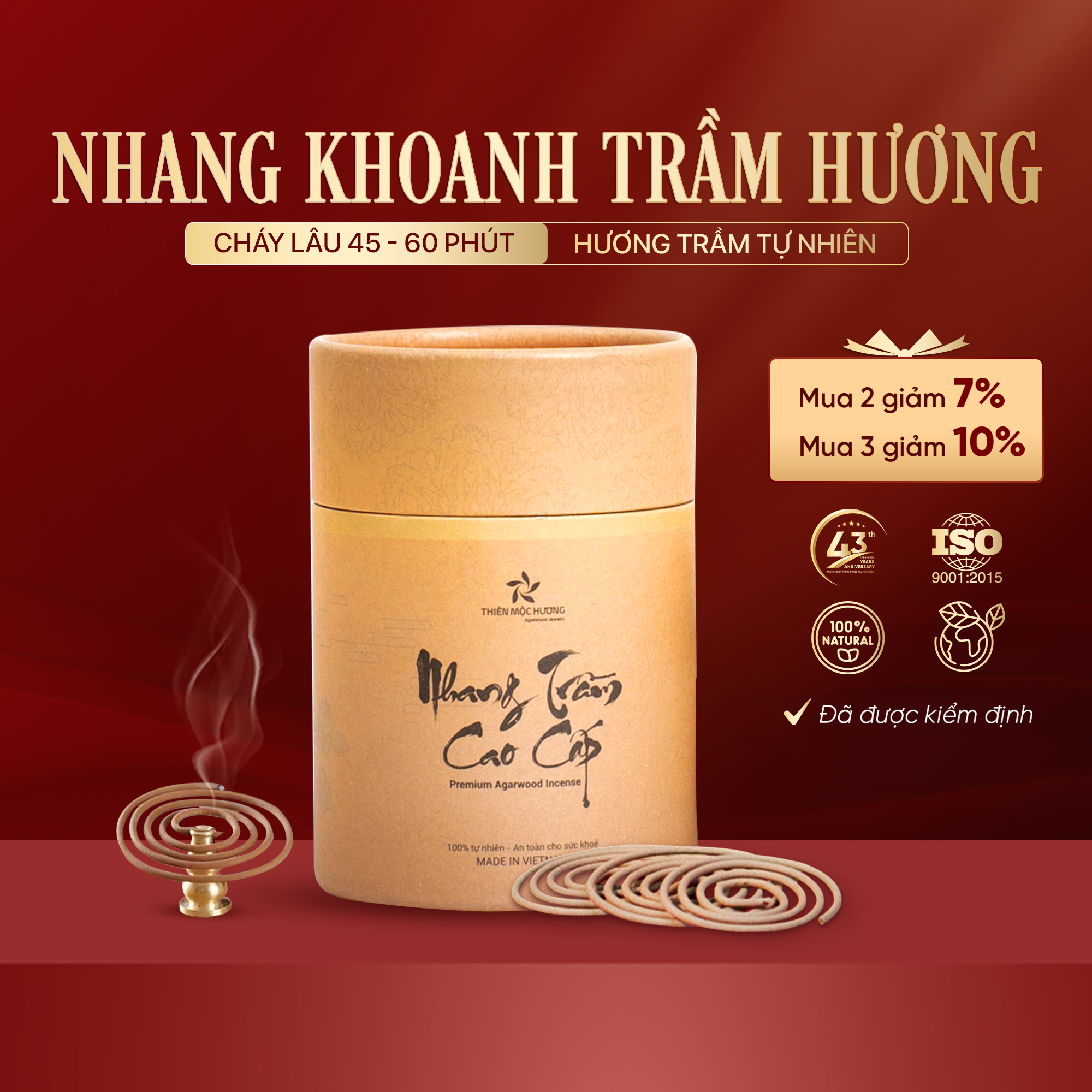 Nhang khoanh trầm hương tự nhiên - Nhang Trầm Hương 12 năm- Thơm dịu nhẹ, lưu hương đến 3 giờ - Thiên Mộc Hương