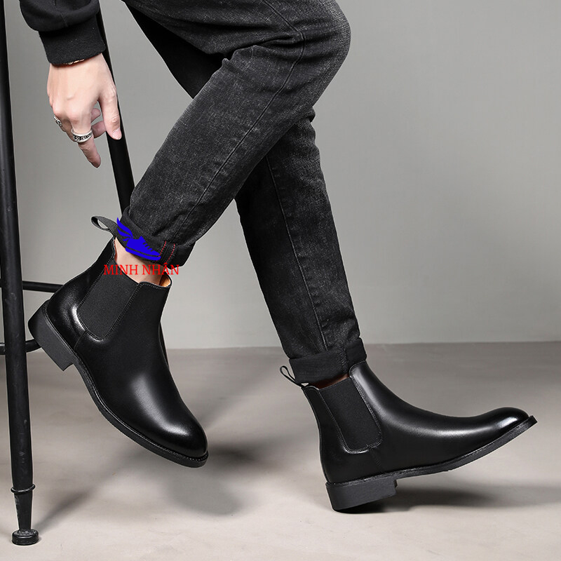 Giày Chelsea boot nam da bò Xưởng giày Minh Nhân Giày bốt nam cao cổ cao cấp Giày bốt cổ ngắn nam da bò thời trang hàng hiệu giá rẻ Chealse Boot Hàn Quốc màu đen