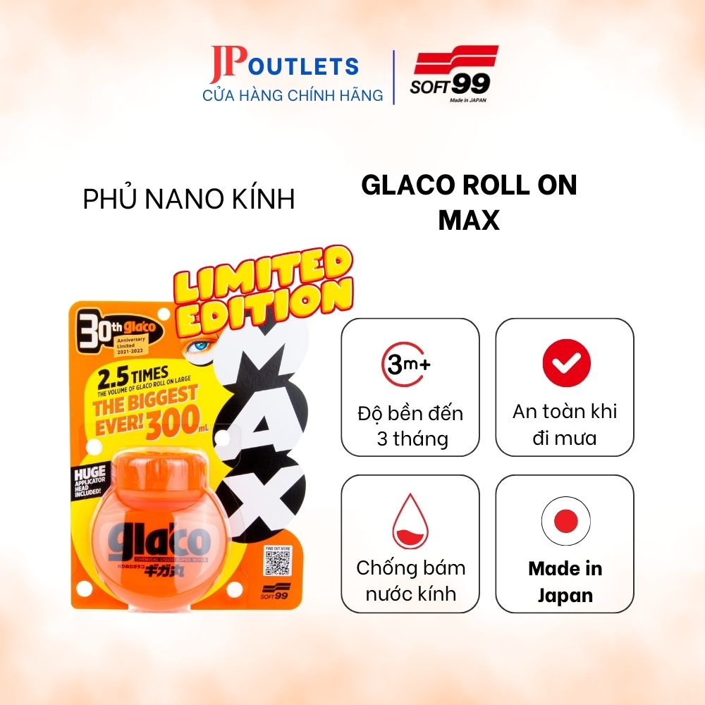 Phủ nano chống bám nước kính xe ô tô cỡ đại glaco rollon max 10363 | soft99 japan