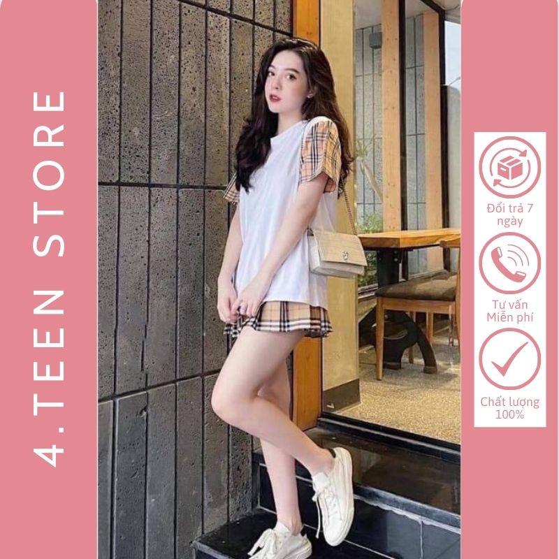 Chân váy kèm áo phông phối kẻ sọc set áo váy ngắn nữ 2 màu đen trắng freesize 4teenstore cv001