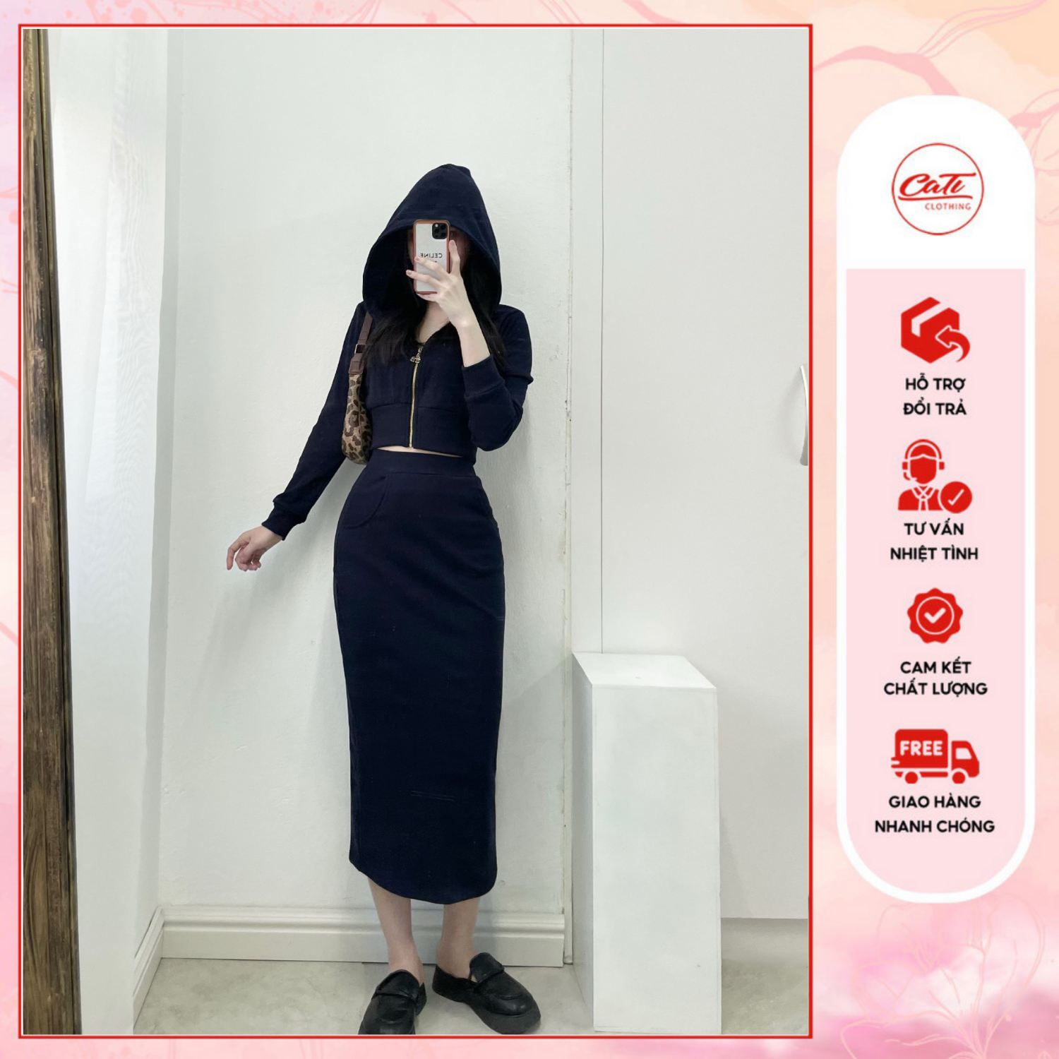 Cati set bộ thun áo có mũ + chân váy chất len nhung cao cấp