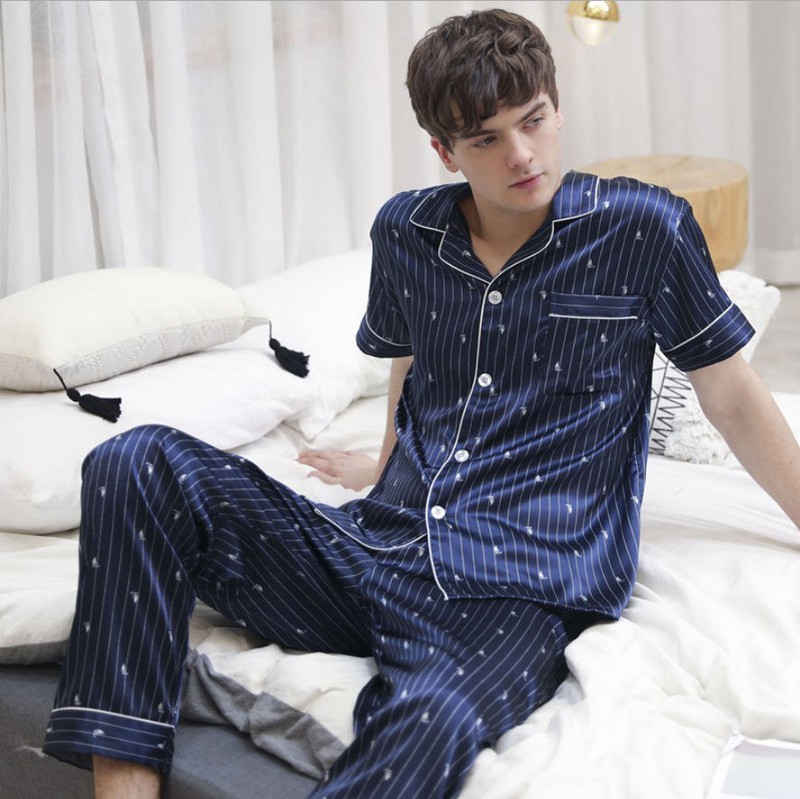 Bộ pyjama nam ngắn tay chất lụa hàng nhập-NG9374