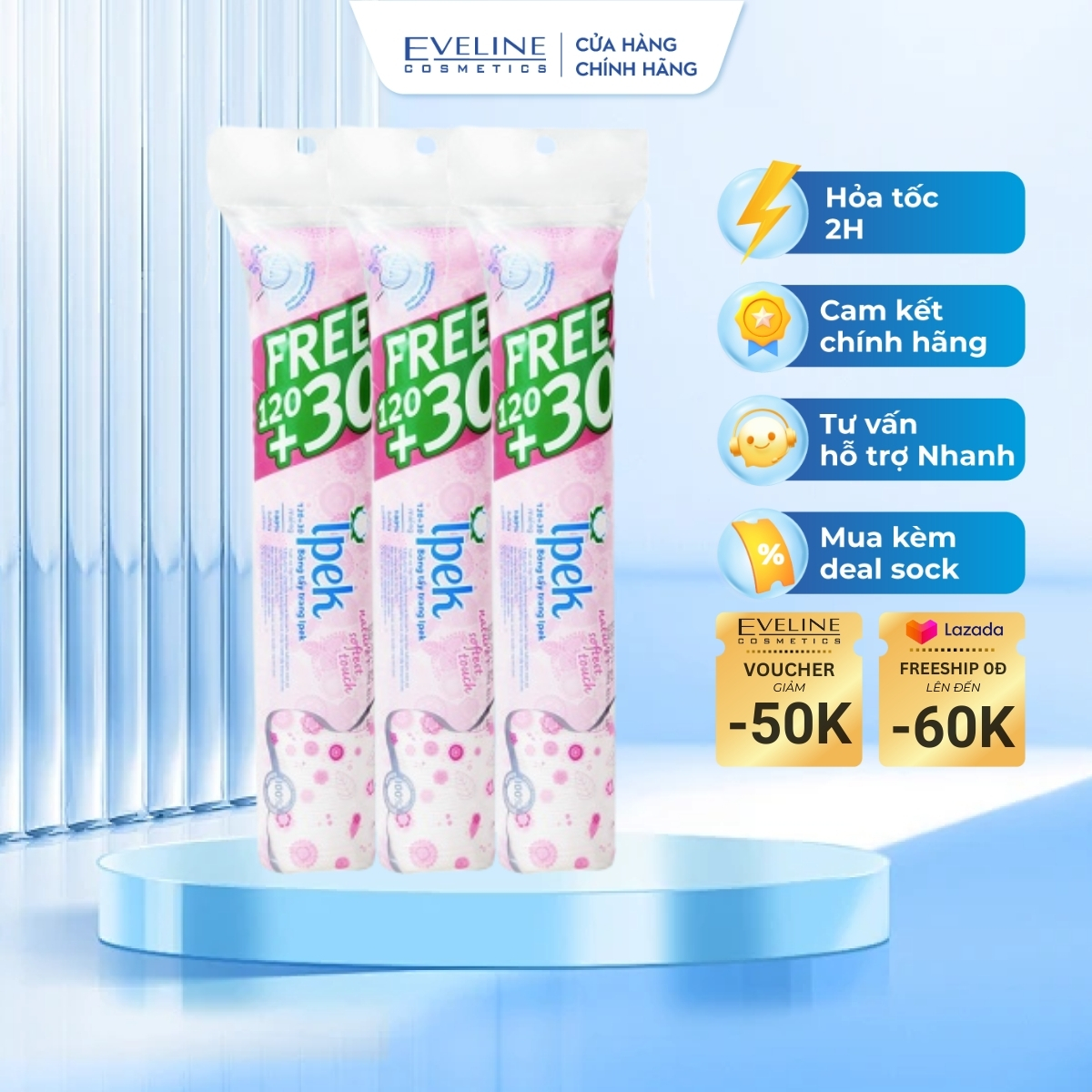 Combo 3 bông tẩy trang Ipek 150 miếng/bịch chính hãng