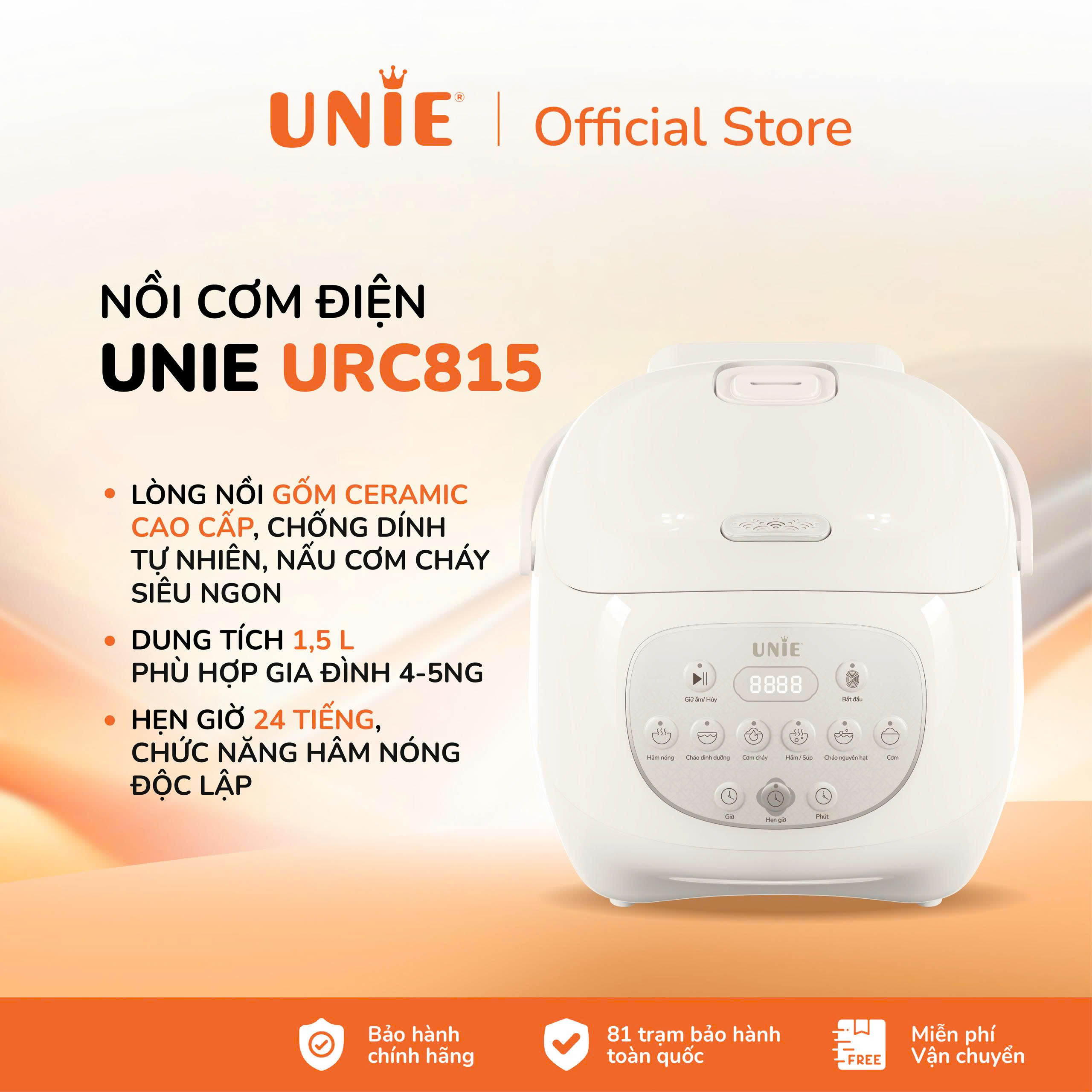 Nồi cơm điện lòng gốm Ceramic tự nhiên UNIE URC815 dung tích 1,5L công nghệ ủ 3D, 6 chức năng nấu, hẹn giờ đến 24h - Bảo hành 12 tháng
