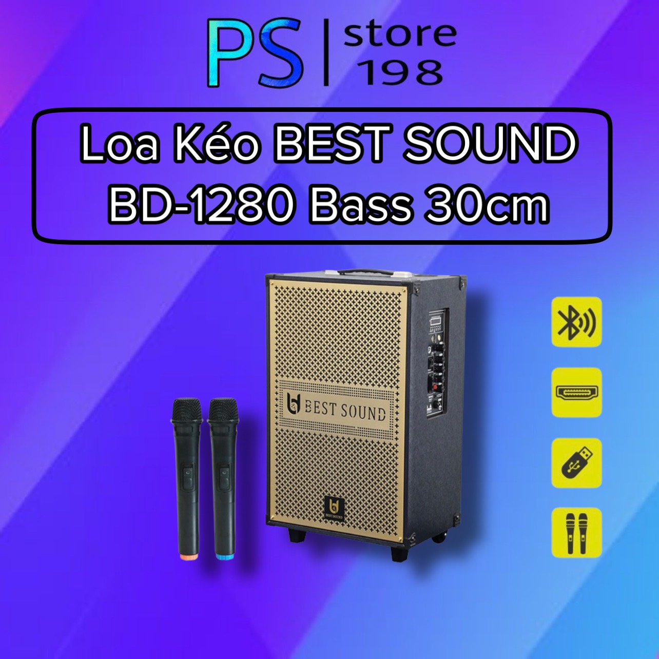 [FREE SHIP TOÀN QUỐC] Loa kéo di động chính hãng B Y Bestsound BD-1280, bass 30cm-1 loa treble đạt công suất 30W-100W, kèm 2 micro karaoke.