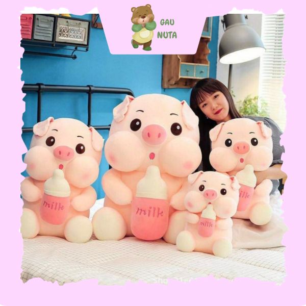 Gấu Bông Gấu Ôm Heo Ôm Bình Sữa, Heo Milk Lợn Nhồi Bông Chất Liệu Vải Nhung Mịn Cao Cấp