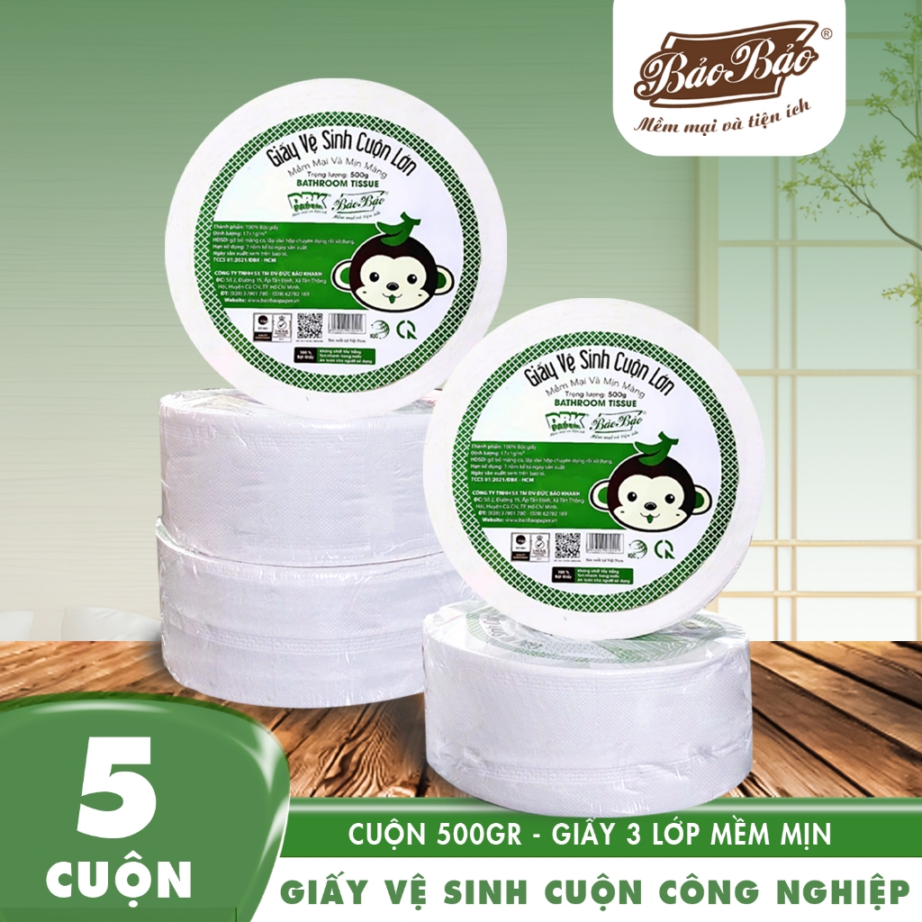 Combo 2 - 4 - 5 Rolls of Industrial Toilet Paper, Large Roll of 500g Bao Bao - Soft, Smooth, Dust-Free, Dissolves Quickly - 3