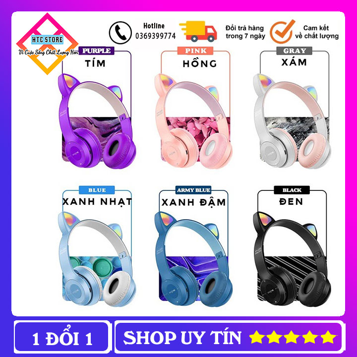 Tai nghe mèo bluetooth p47m, tai mèo dễ thương có mic, âm bass mạnh mẽ nghe nhạc cực hay