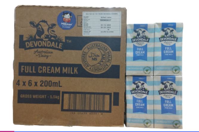 Thùng 24 hộp sữa devondale nguyên kem 200ml - sữa úc - full cream. date 04/2024