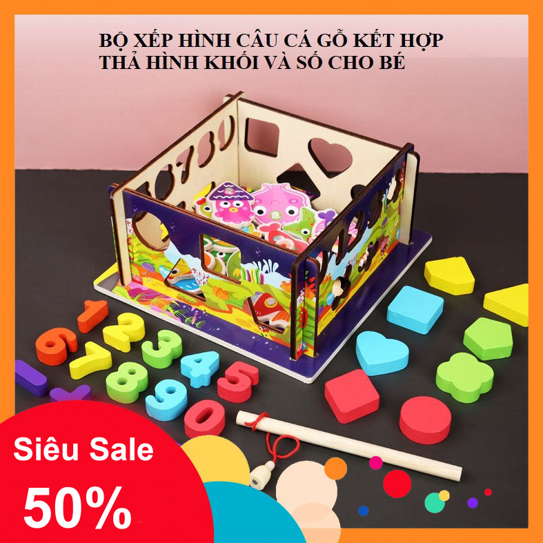 [HCM]BỘ XẾP HÌNH CÂU CÁ GỖ KẾT HỢP THẢ HÌNH KHỐI VÀ SỐ CHO BÉ