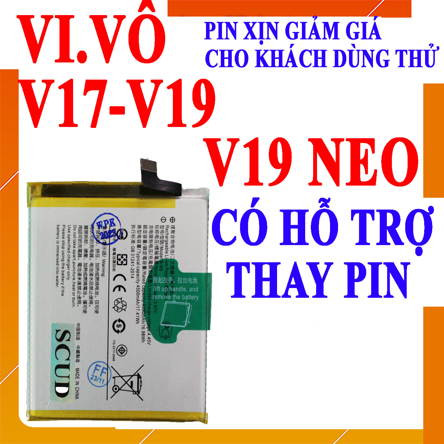 Pin scud cho vivo v17/v19/v19 neo mã b-k6 dung lượng 4500mah