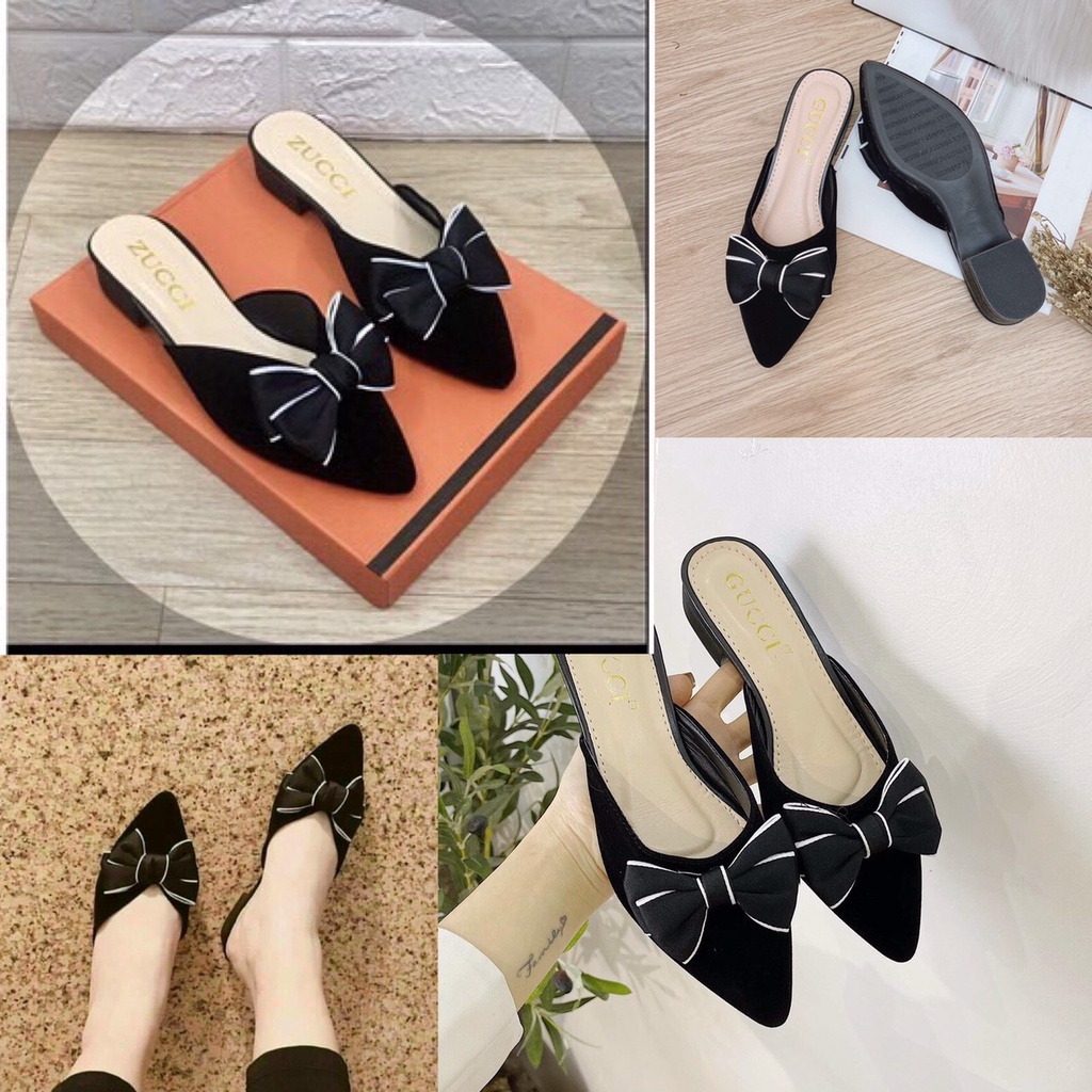 Giày sục dạ mũi nhọn nơ xinh, dép nhung gót 3cm