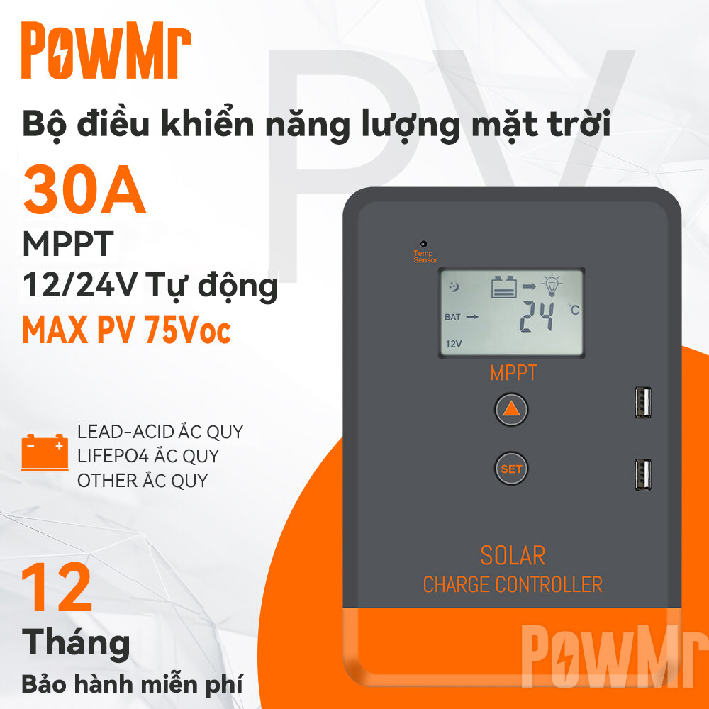 PowMr Bộ Điều Khiển Sạc Năng Lượng Mặt Trời MPPT Bộ Điều Chỉnh Tấm Năng Lượng Mặt Trời 30A 12V 24V Màn Hình LCD Đầu Vào PV 75V Nhiều Chế Độ Kiểm Soát Tải Khác Nhau POW-Keeper1230