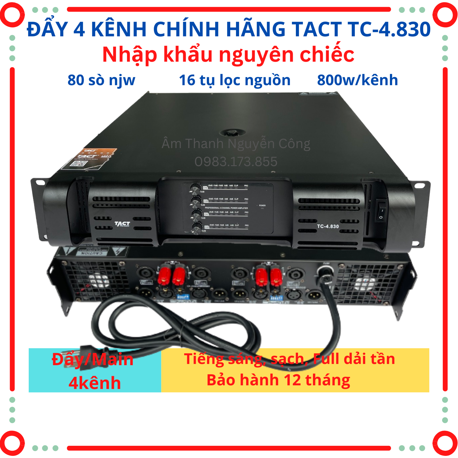 Cục đẩy công suất 4 kênh tact tc-4.830, 80 sò 1200w/1 kênh/4 ôm, chính hãng, dùng cho gia đình, phòng hát , sự kiện