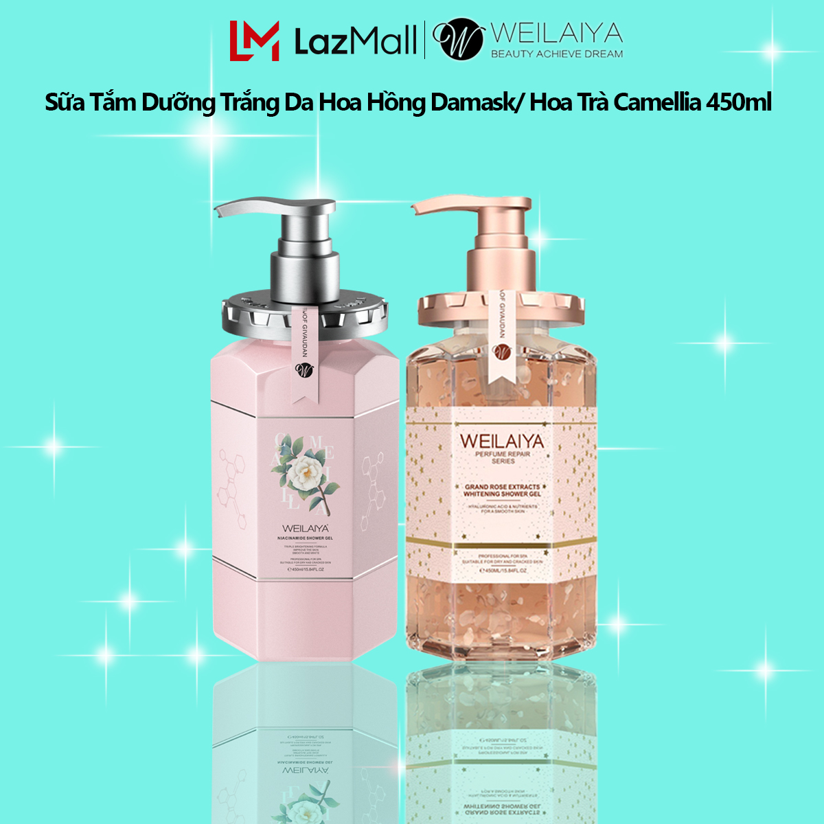 Combo 2 sữa tắm trắng da hoa trà camellia - hoa hồng damask weilaiya 450ml