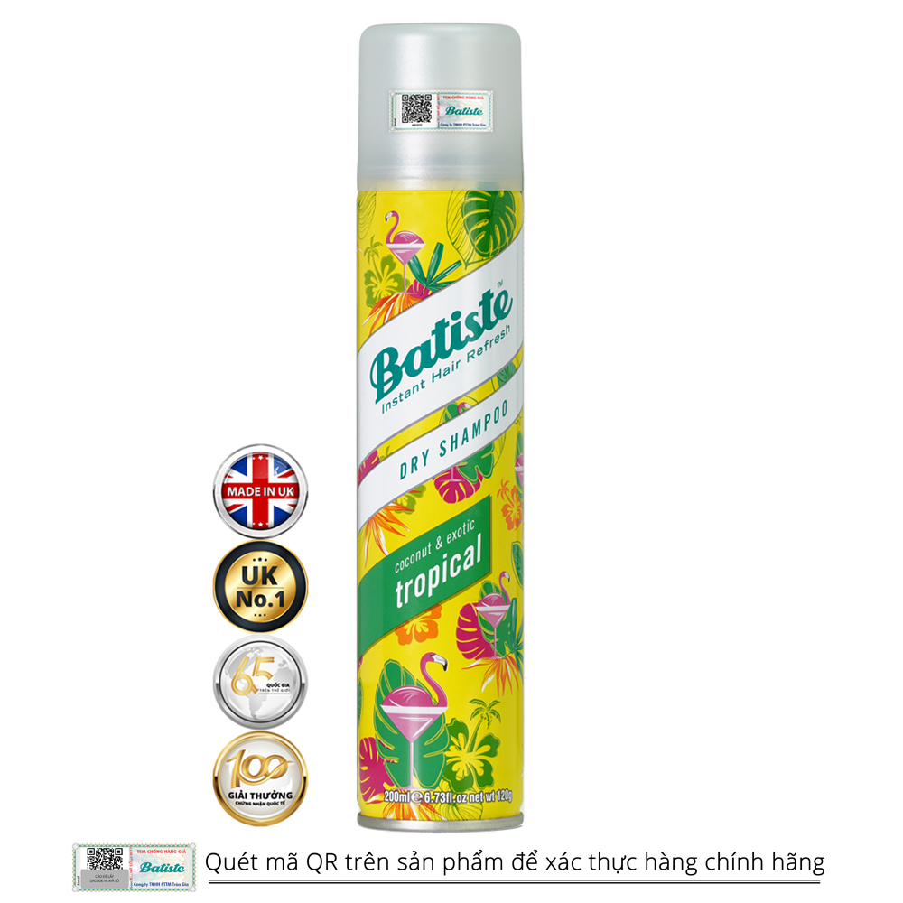 Dầu gội khô dạng xịt Batiste Hương Hoa Nhiệt Đới, hút dầu, chống bết tóc, hương thơm dài lâu, hiệu quả tức thì - Batiste Dry Shampoo Coconut & Exotic Tropical 200ml