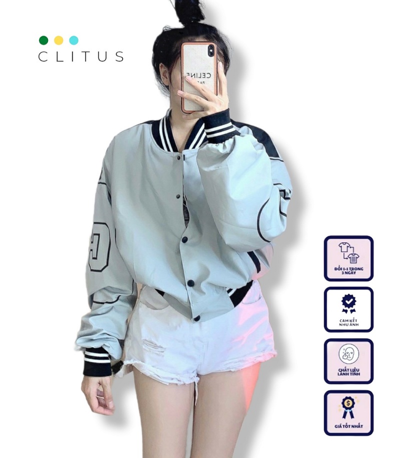Áo khoác bomber nữ cúc bấm 2 lớp hot trend - clitus fashion