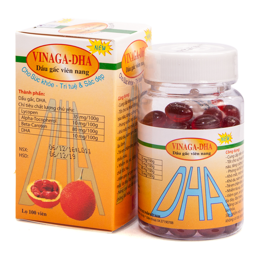 Viên Dầu Gấc VINAGA - Giúp sáng mắt, bổ não, chống lão hóa da, hộp 100 viên