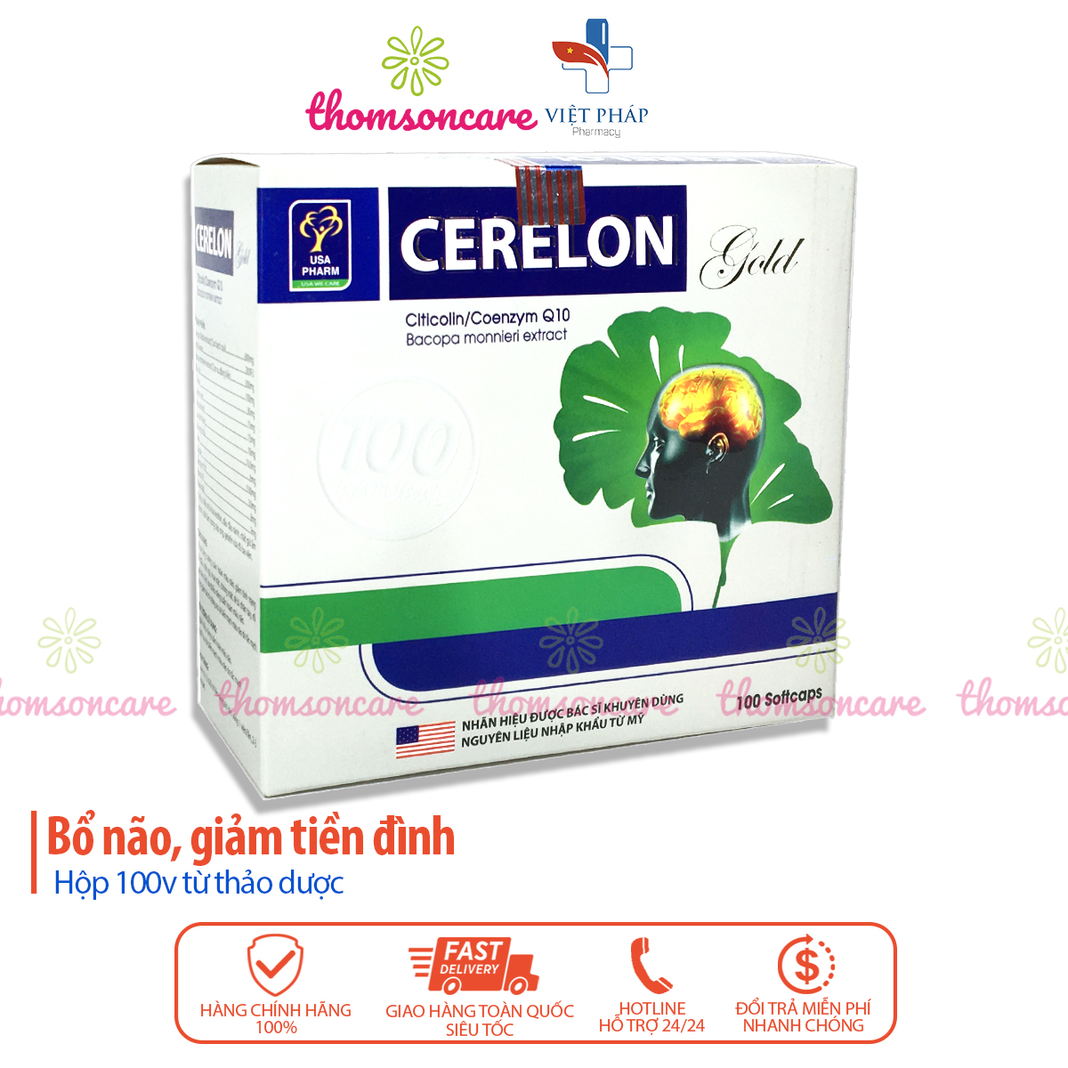 Cerelon Gold - Hoạt huyết dưỡng não, hỗ trợ giảm rối loạn tiền đình - Hộp 100 viên từ Ginko biloba và Citicolin
