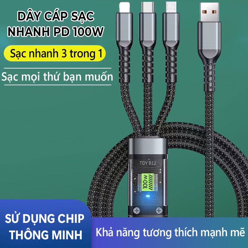 Dây cáp sạc nhanh 3 đầu 100w dài hỗ trợ sạc nhanh 3 trong 1 chống đứt, chống rố