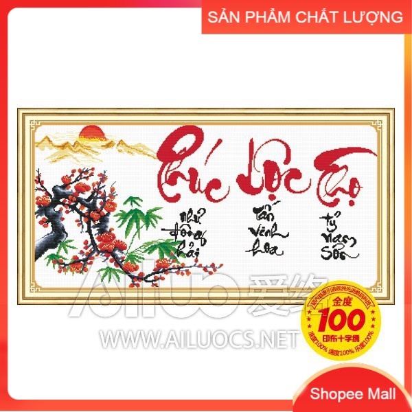 [HCM]Tranh thêu Phúc Lộc Thọ ( cành đào đỏ ) 51357 kích thước 95*50cm [Hàng có sẵn]