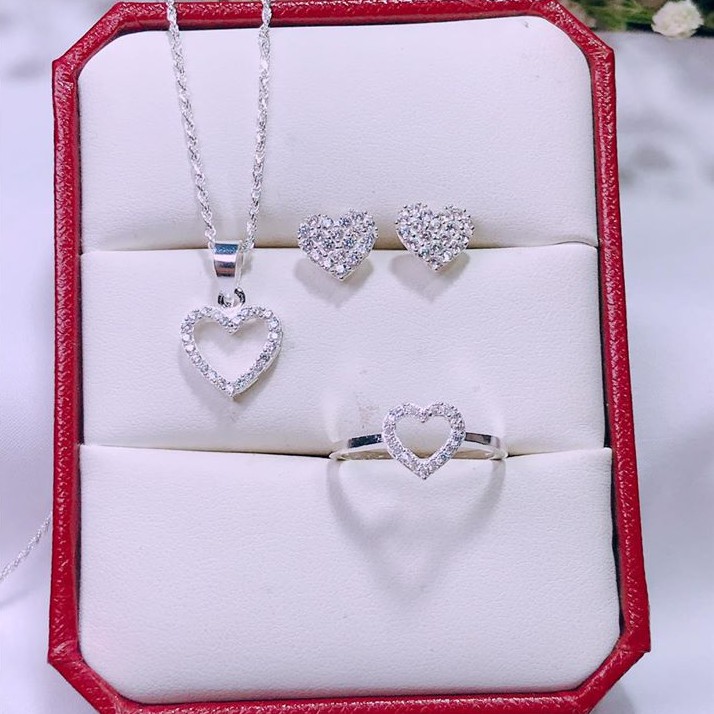 Bộ trang sức nữ bạc ta mặt tim gắn đá nhỏ / Shop bạc BiBi cam kết bạc chuẩn, chất lượng kèm bảo hành