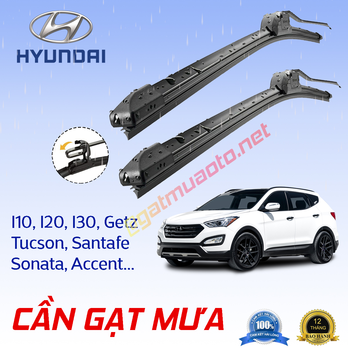 Bộ 2 gạt mưa silicone xe hyundai grand i10, i20, i30, getz, santafe, accent, avante, tucson - gạt mưa silicone nhật bản