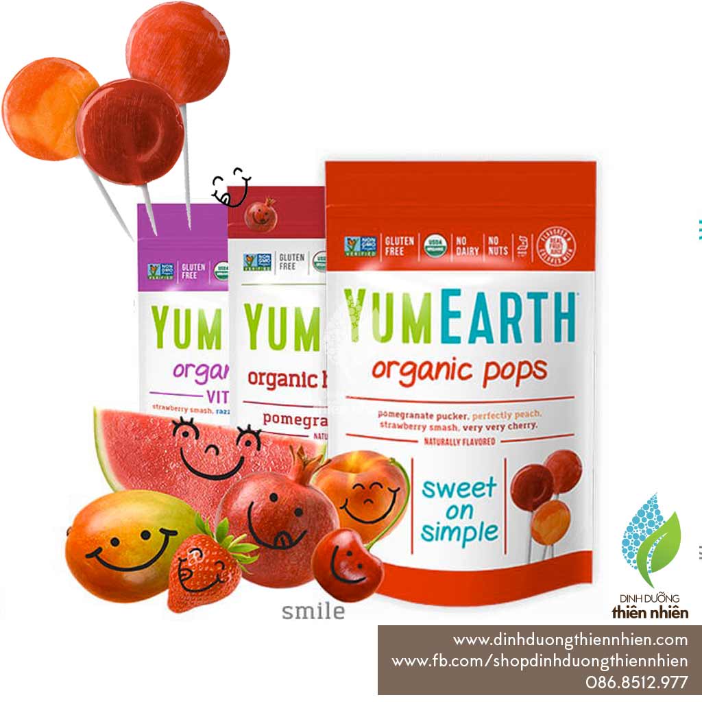 Kẹo mút trái cây hữu cơ yum earth organic lollipops 40 cây túi nguyên