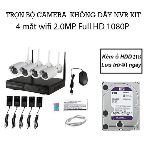Bộ kit camera wifi nvr 4 kênh full hd 1080p kèm ổ hdd 2tb