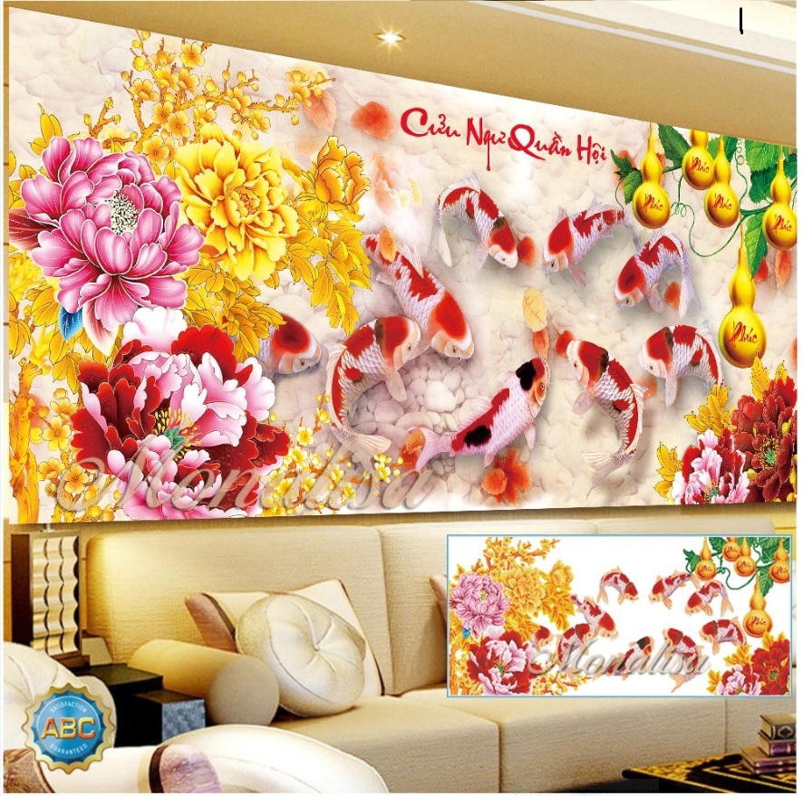 Tranh cửu ngư quần hội 130x65cm cm đá chưa đính