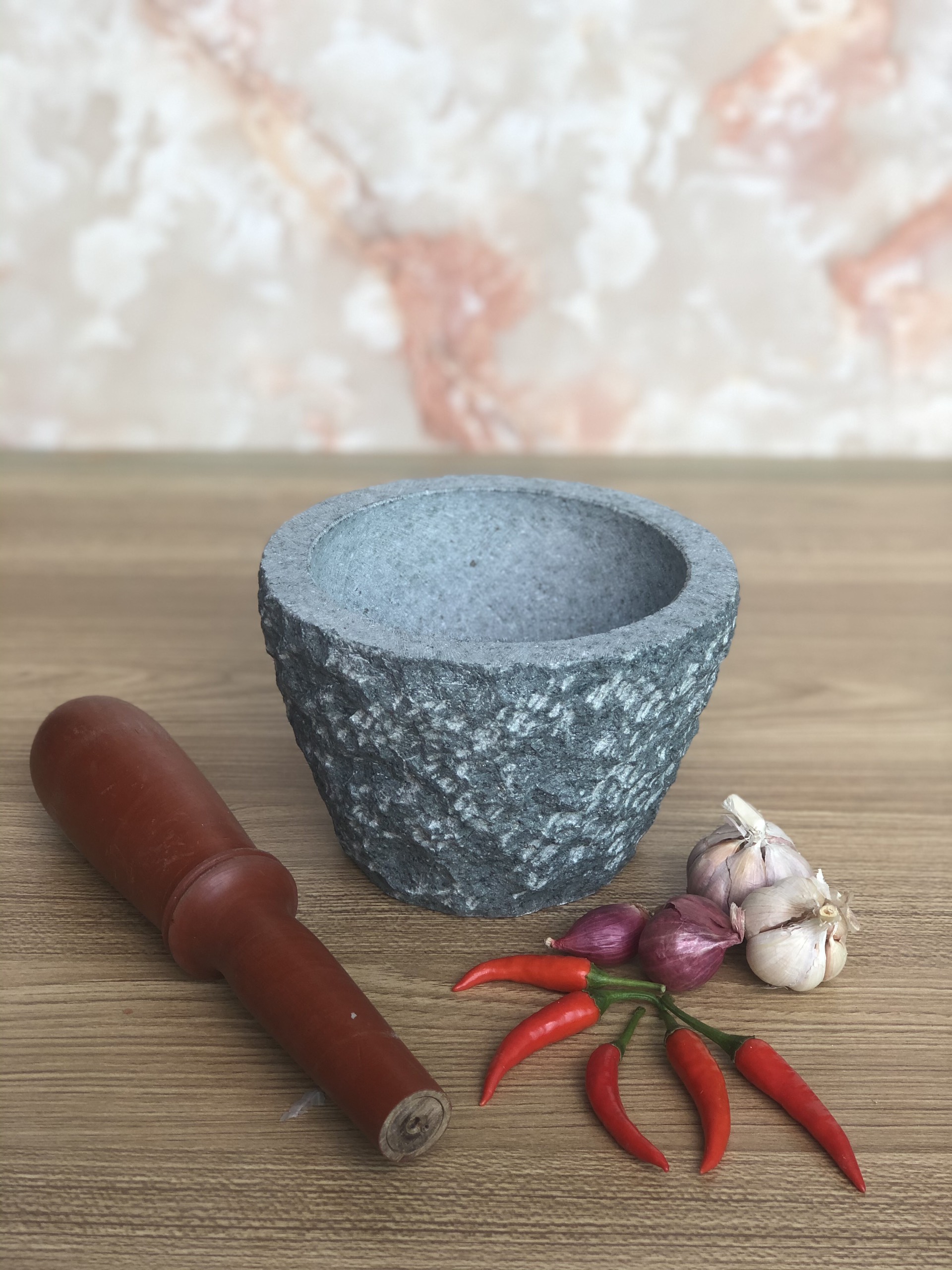 Cối đá xanh tẩy ngoài + chày gỗ dk15