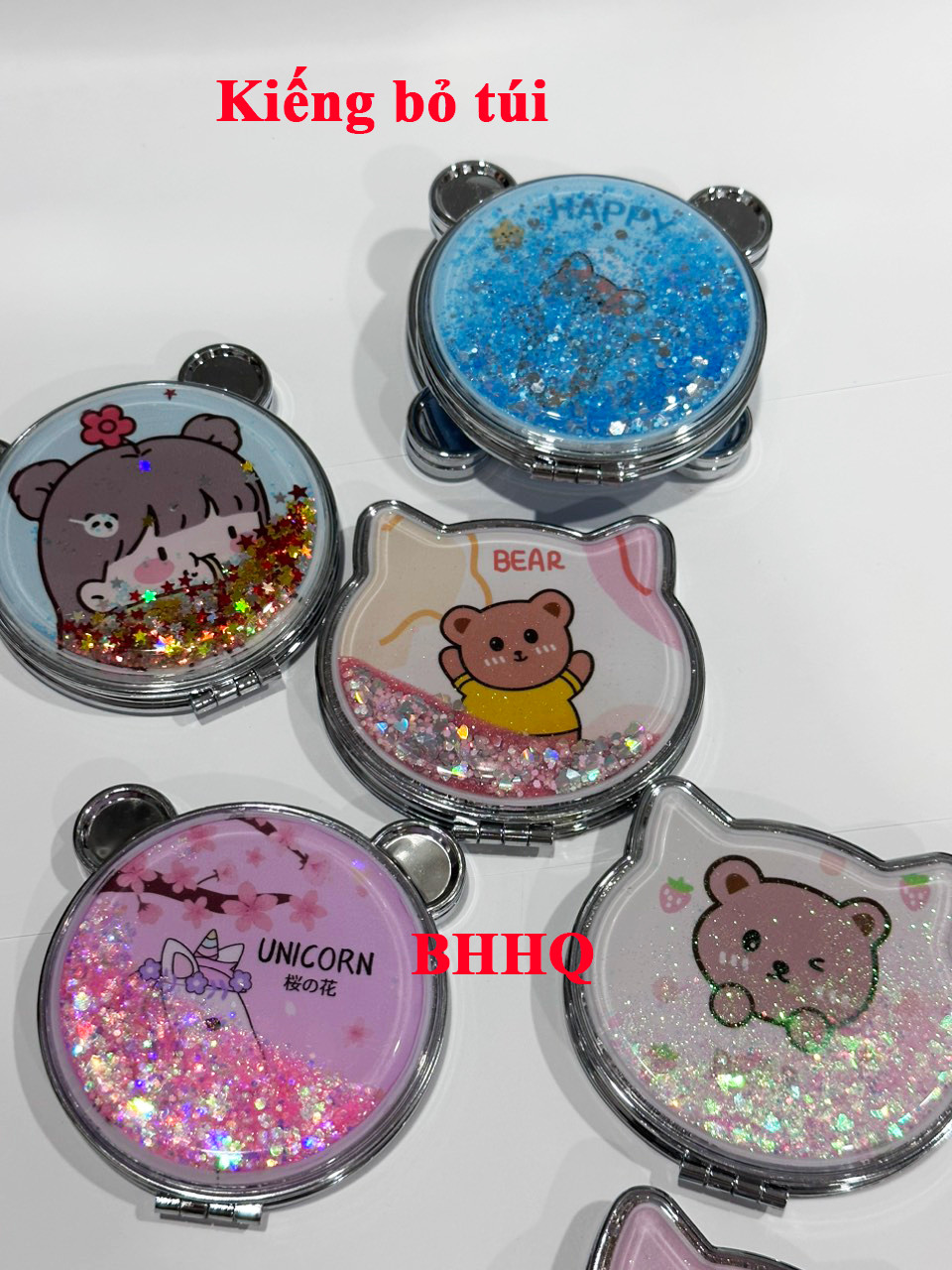 Gương trang điểm mini kim tuyến 2 mặt kiếng phóng to .