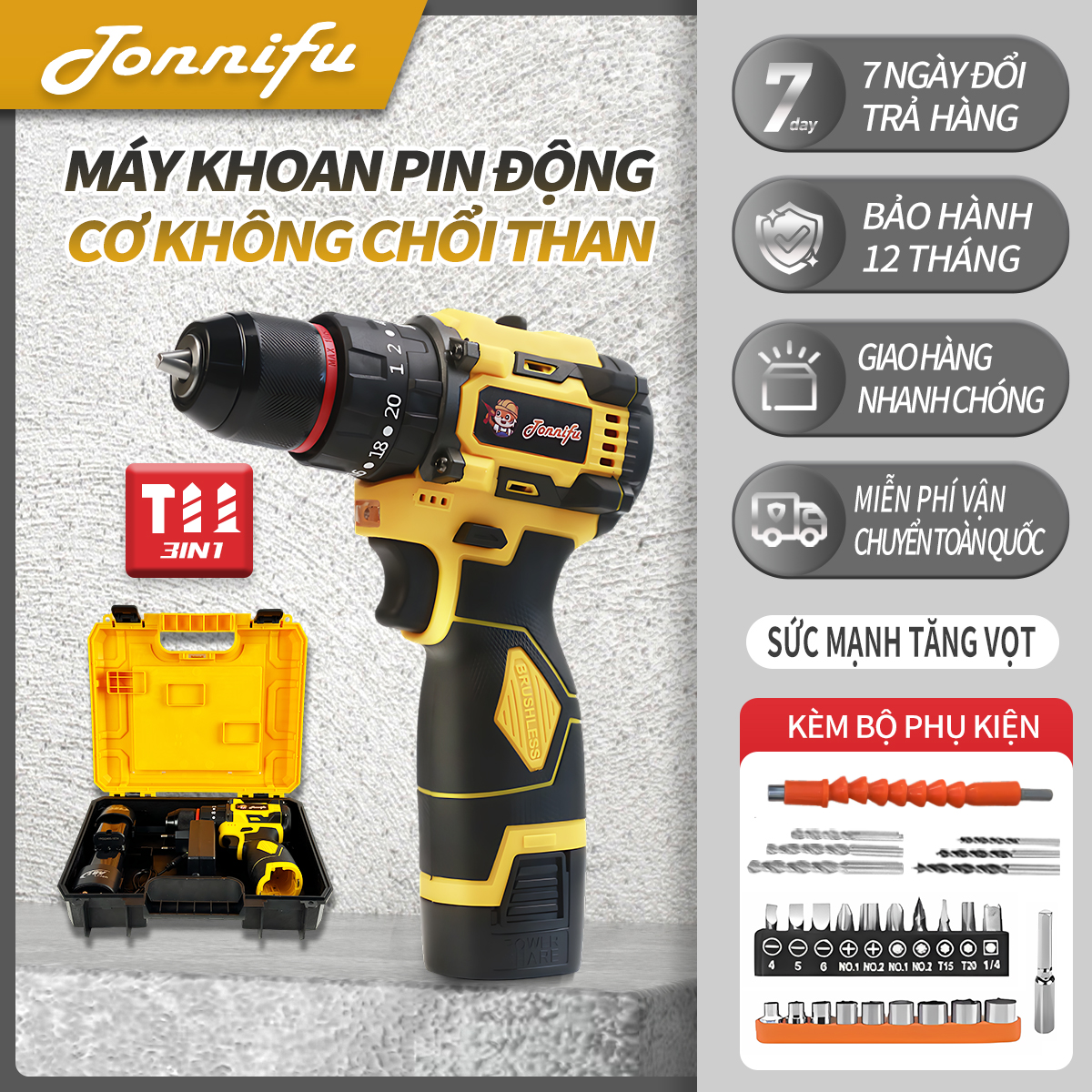  Máy khoan pin - 3 chức năng  động cơ không chổi than đầu kẹp 10mm ruột đồng 100% DZ-1801XH 
