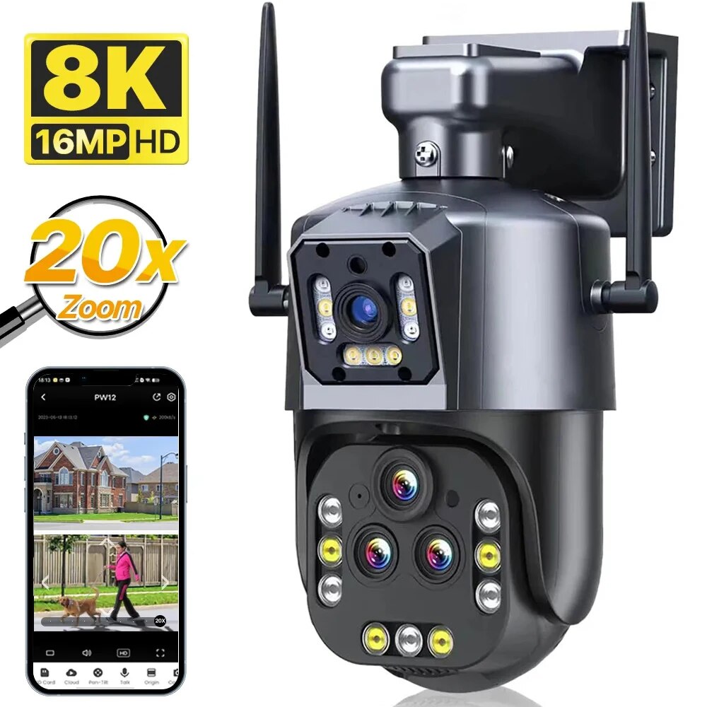 Camera Ip Wifi Ultra 16MP 8K Camera Giám Sát An Ninh4 Ống Kính Camera 20X ZoomPhạm Vi Hoạt Động Khoảng 100mTự Động Theo Dõi Video Camera Quan Sát CCTV 360 ĐộPhù Hợp Sử Dụng Trong Nhà Và Ngoài Trời