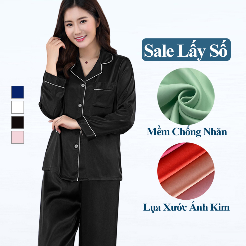 Pijama lụa nữ dài tay madela vải lụa xước hàn cao cấp, đồ mặc nhà pijama lụa nữ dài tay
