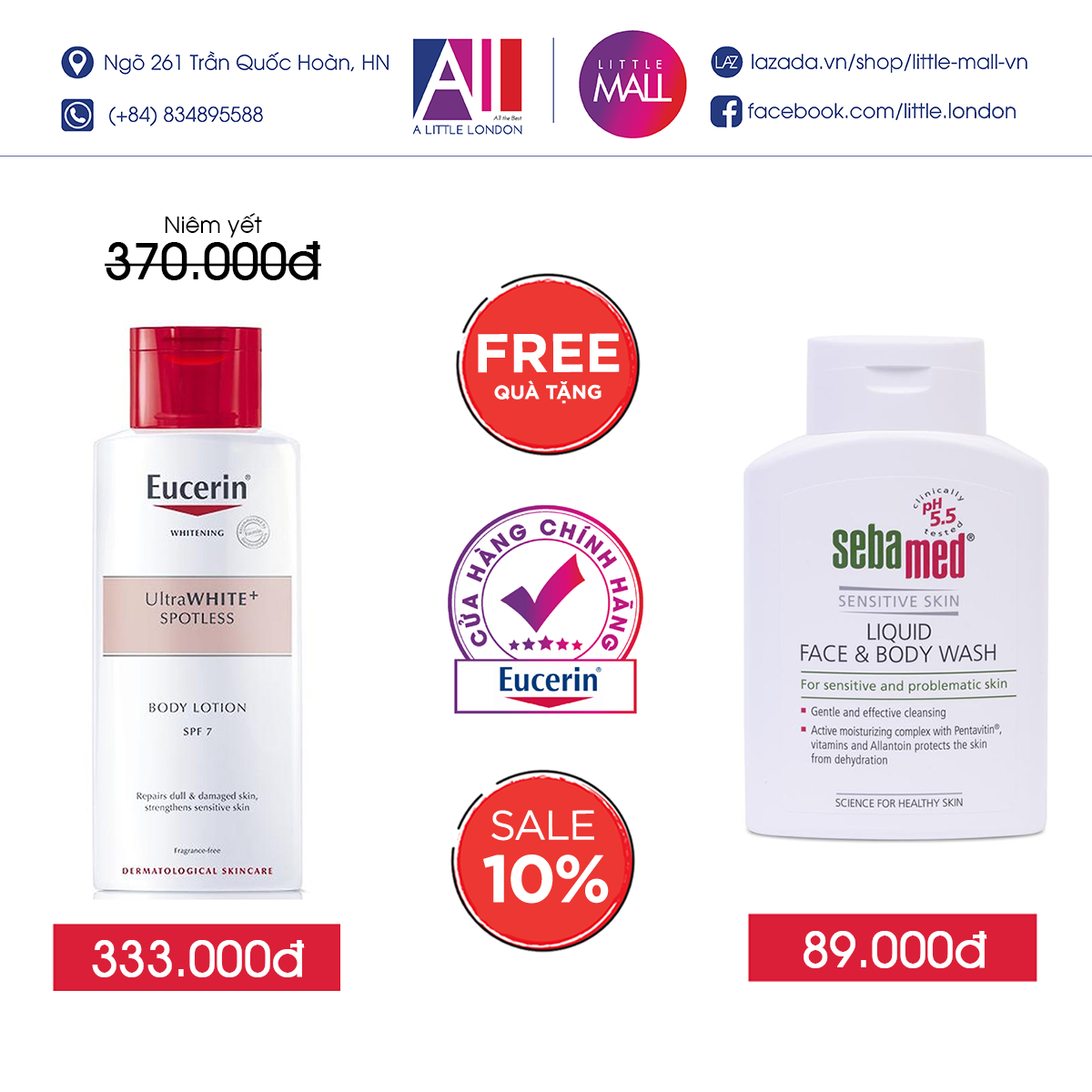 Sữa dưỡng thể trắng da nhạy cảm Eucerin white rherapy clinical whitening body lotion spf7 250ml TẶNG sữa rửa mặt và tắm toàn thân Sebamed (Nhập khẩu)