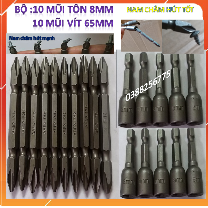 BỘ 10 MŨI BẮN VÍT 2 ĐẦU65mm VÀ 10 MŨI BẮN TÔN CAO CẤP 8mm. NAM CHÂM HÚT MẠNH