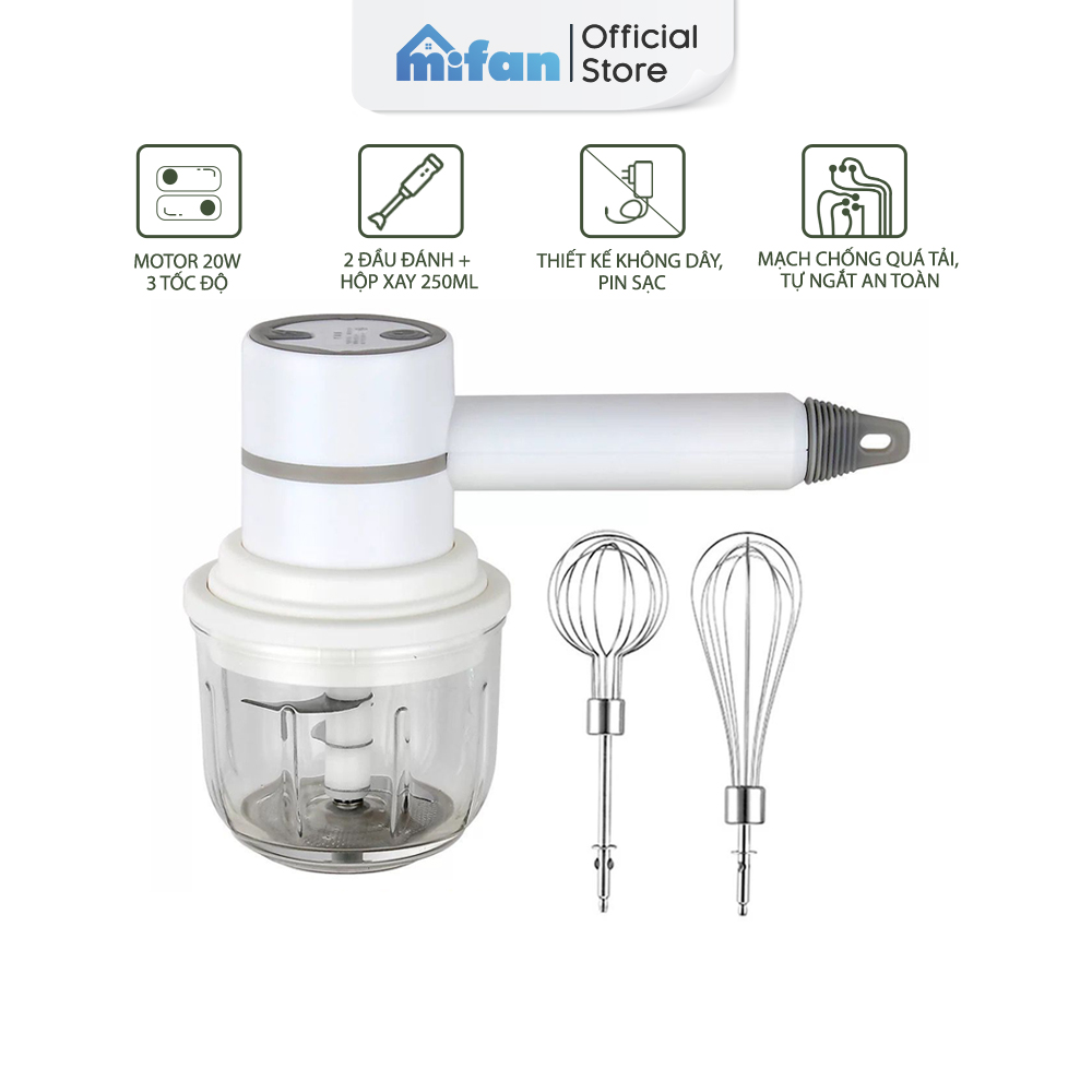 Máy Đánh Trứng Cầm Tay - Máy xay thịt tỏi ớt đa năng MIFAN 2021 - Hộp xay 250ml + 2 đầu đánh trứng sữa cafe - BH 3 THÁNG 1 ĐỔI 1