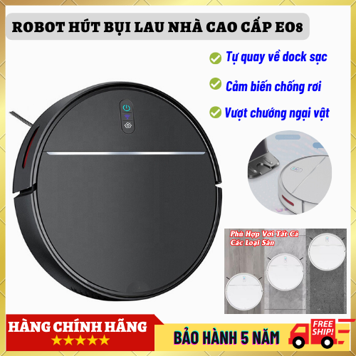 Robot hút bụi lau nhà e08, robot hút bụi lập trình dọn dẹp, hút, quét, lau, cảm biến thông minh,1 đổi 1 mới