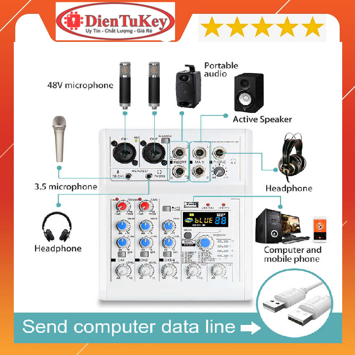 Bộ Trộn Âm Thanh Mixer E4 Có Bluetooth 4 kênh 88 88 hiệu ứng DSP Hỗ Trợ Nguồn 48v có thể Livestream,