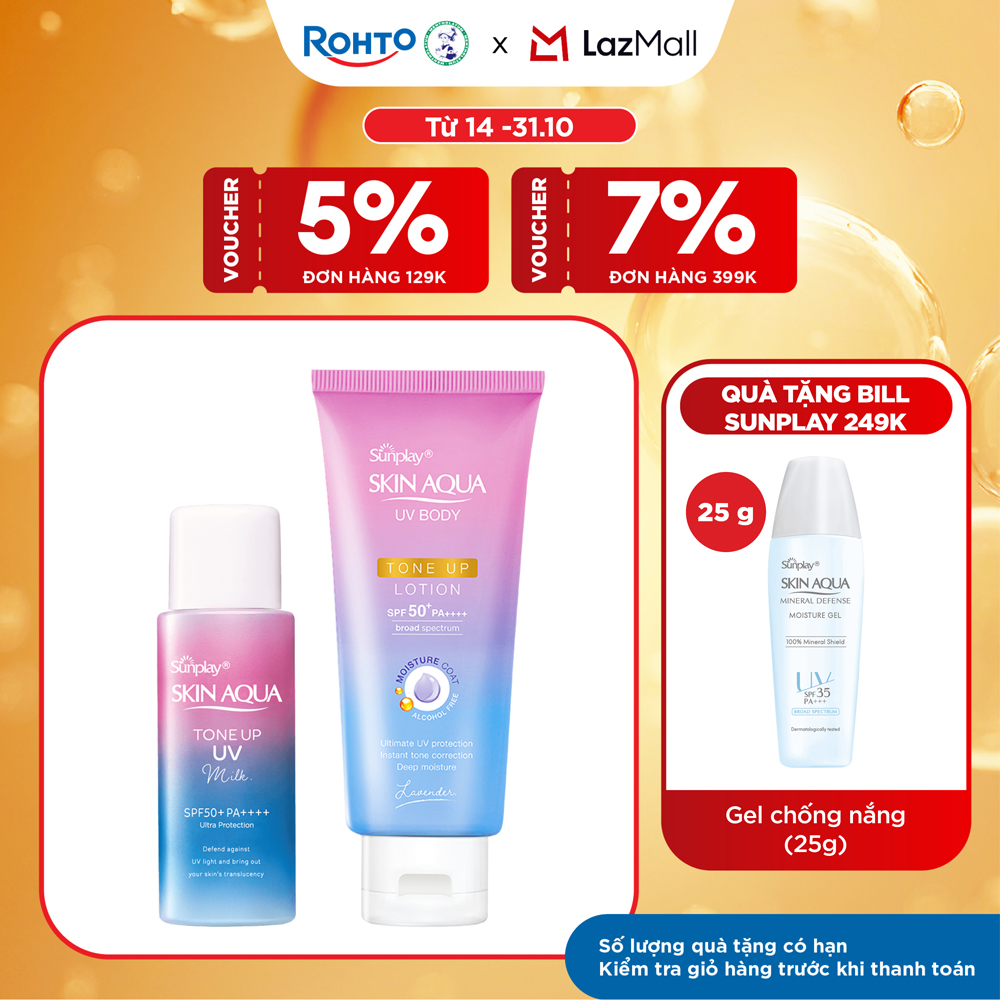 [VB] Bộ đôi chống nắng - nâng tông toàn diện cho mặt và cơ thể Sunplay Skin Aqua Tone Up (Kem chống nắng dạng sữa cho da dầu, da hỗn hợp 50g + Lotion chống nắng nâng tông 130g)