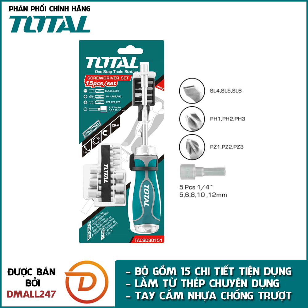 Bộ tua vít 15 chi tiết đa năng total tacsd30156 - nhiều loại mũi vít, tay cầm nhựa nhám chắc chắn, thép chuyên dụng cr-v, có từ tính - dmall247