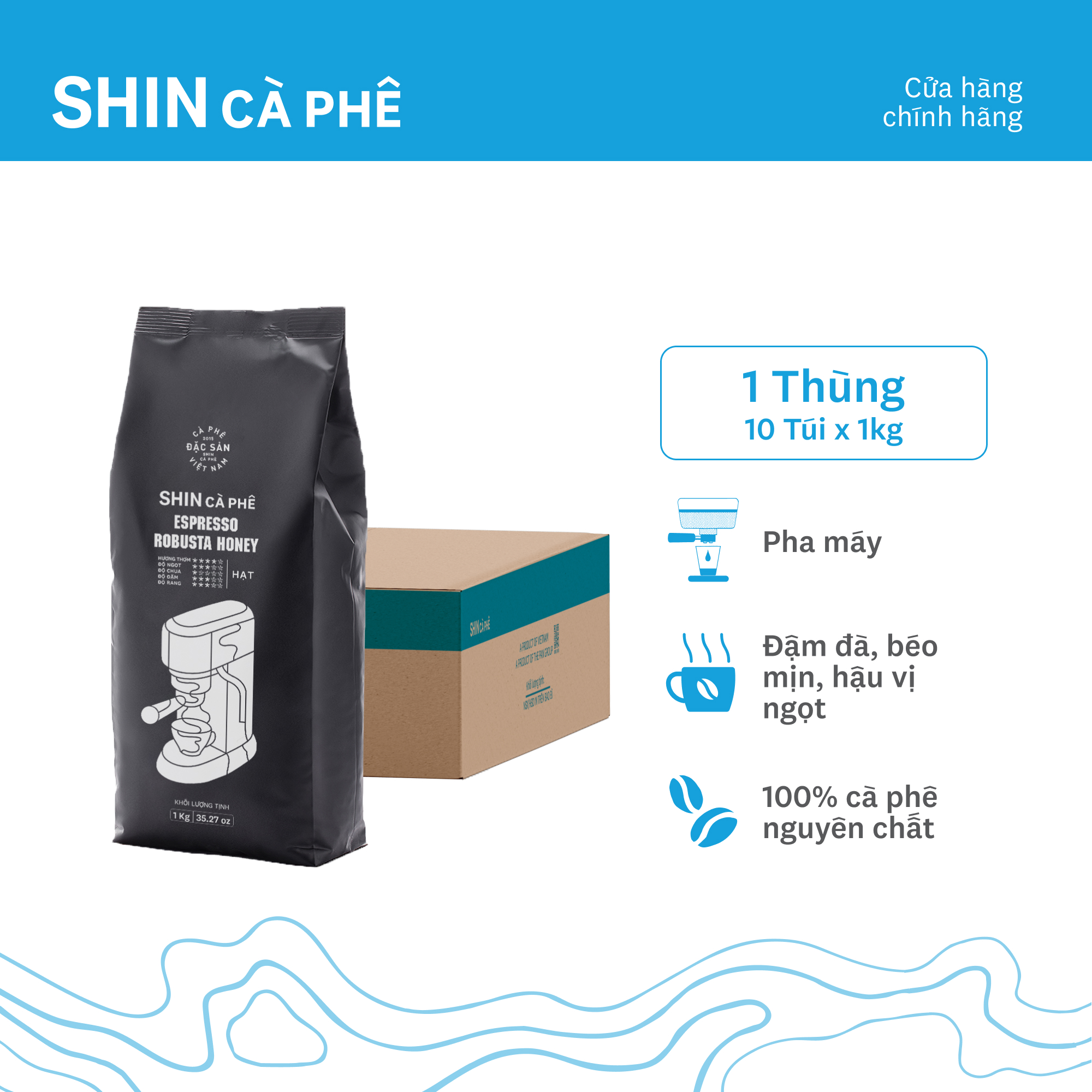 Cà Phê Pha Máy - Espresso Robusta Honey - SHIN Cà Phê - Thùng 10 gói - 1kg/gói
