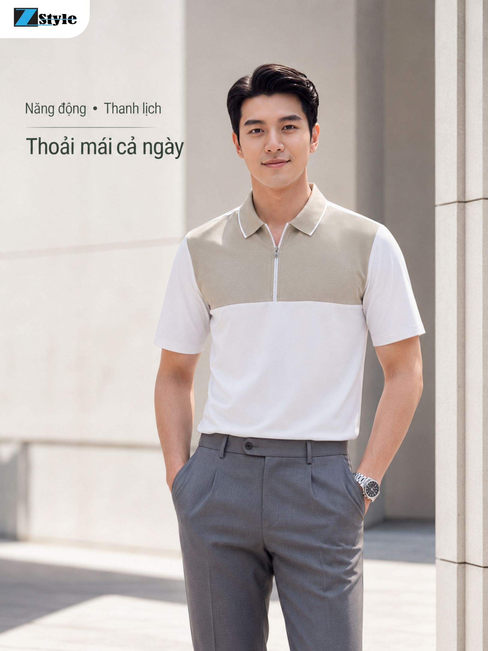 Zstyle Men's Polo Shirt Zmt145Sh Cool Elastic Fabric Color Mixed with Zipper Turn-Down Collar