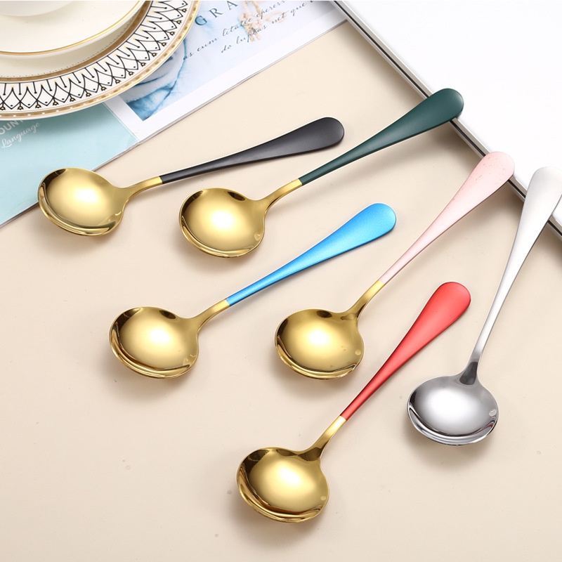 Thìa Tròn Inox  Cán Dài Nhiều Màu Sang Trọng Vintage - Thìa Ăn Cơm Phở